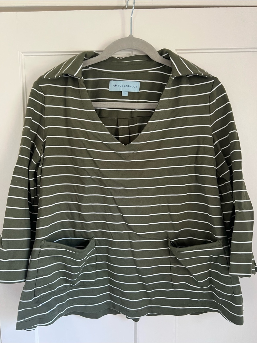 Tuckernuck Olive and White Striped V-Neck Pocket Tunic